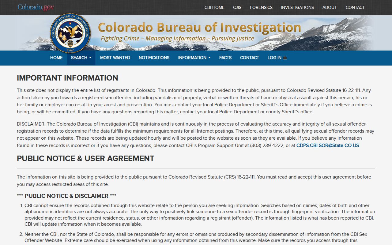 El Paso County criminal court records CBI sex offender registry search agreement