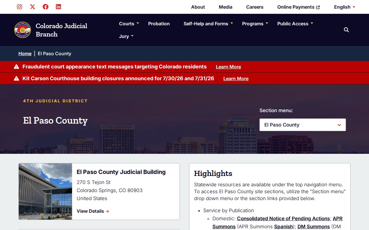 El Paso County court records Colorado Judicial Branch landing page