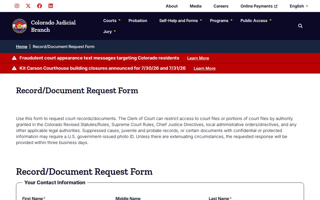 El Paso County court records official document request form