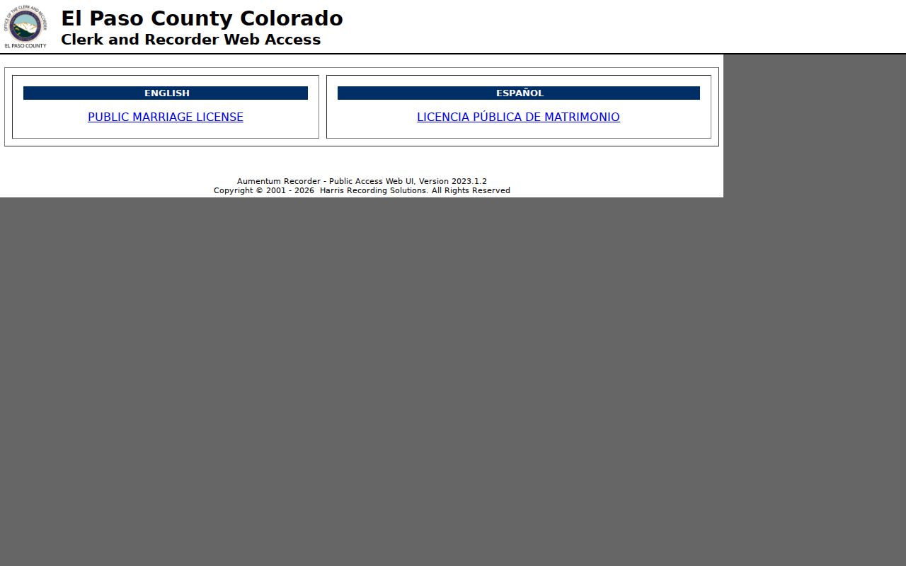El Paso County online marriage and civil union application page