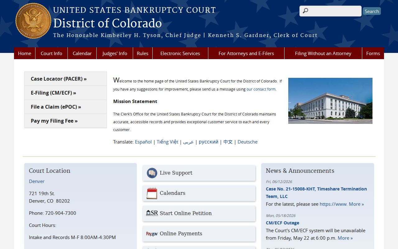 U.S. Bankruptcy Court for the District of Colorado homepage separate from county probate records