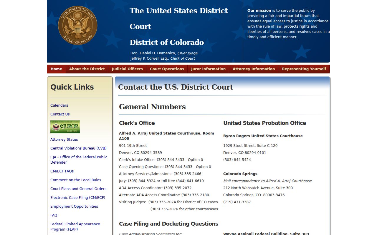 U.S. District Court for Colorado contact page separate from El Paso County probate records