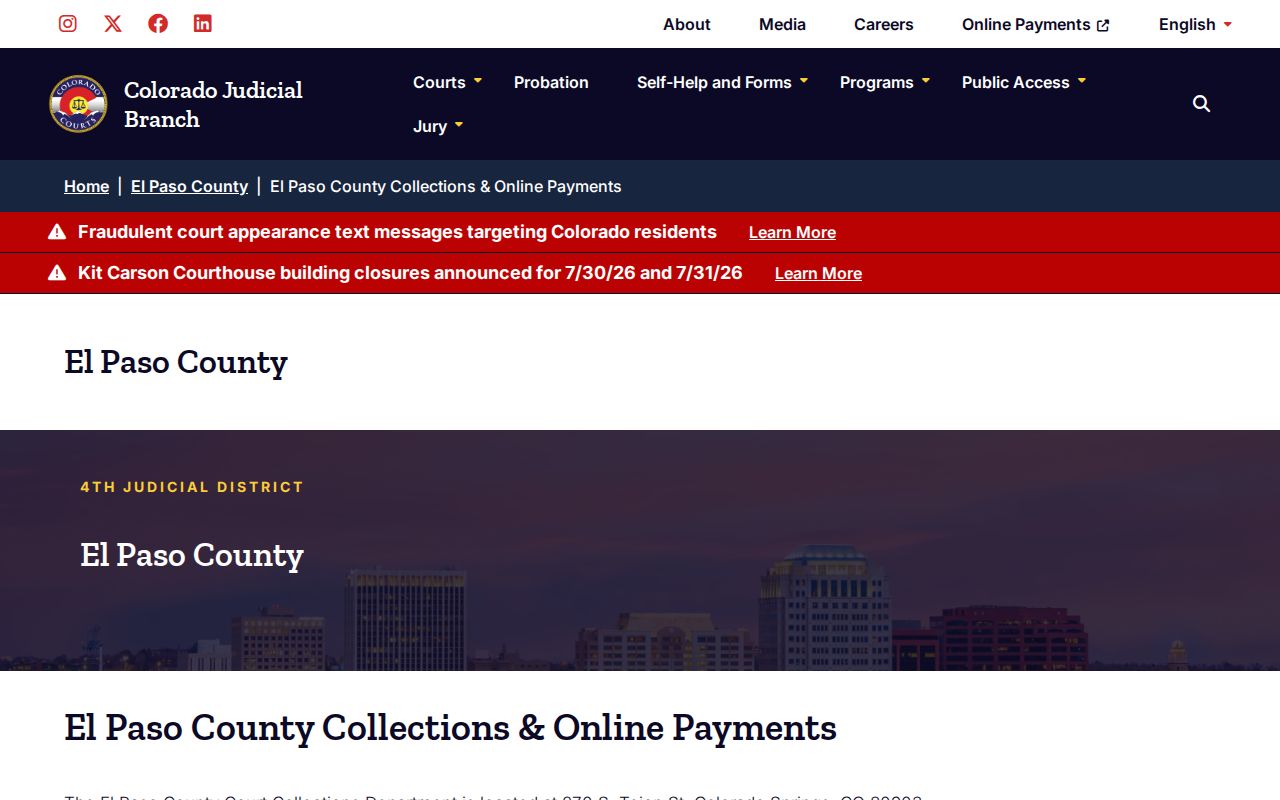 El Paso County Collections page for court payments and OJW holds