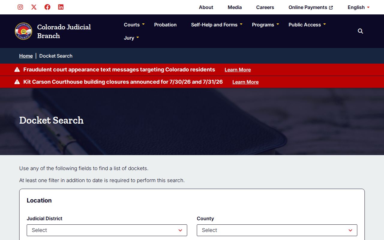 Colorado Judicial Branch docket search form for traffic case lookup